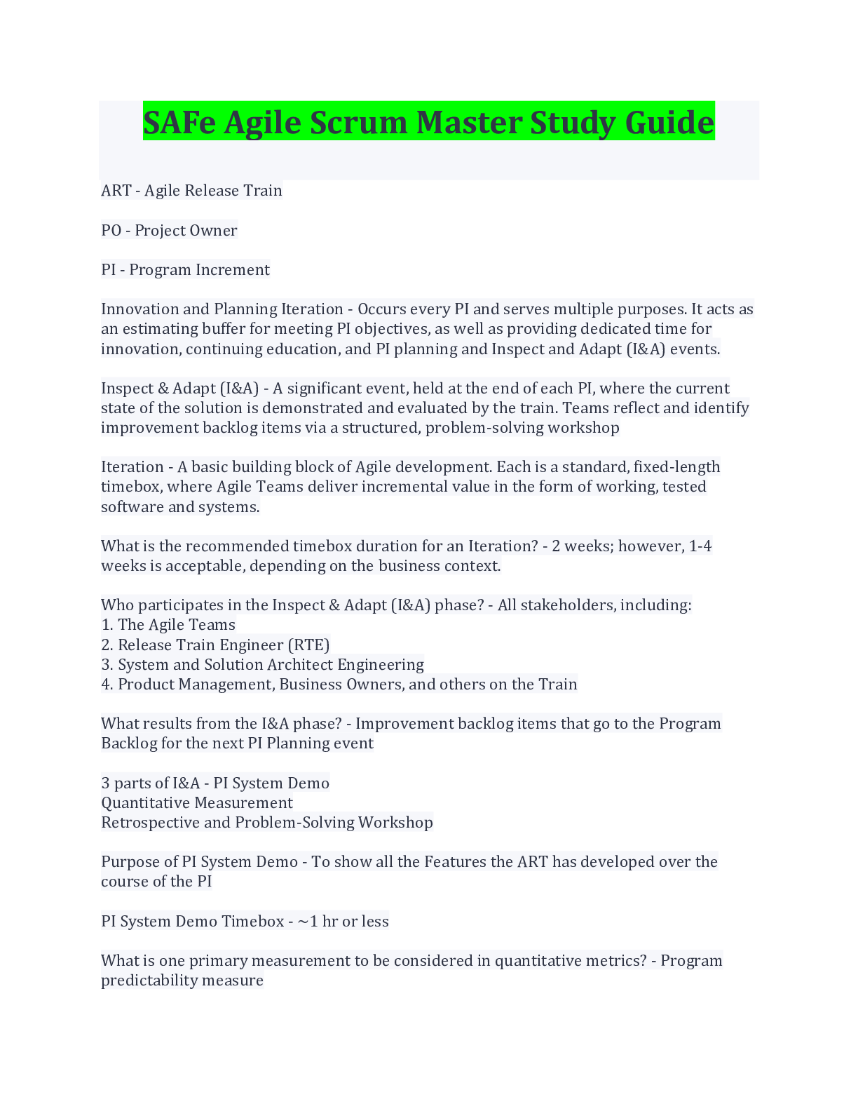 SAFe Agile Scrum Master Study Guide Browsegrades